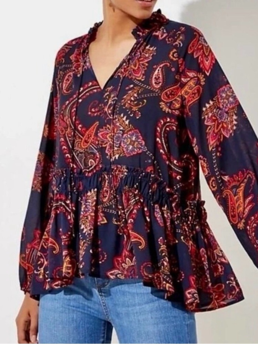 LOFT Navy Paisley Peplum Blouse with Red and Orange Accents